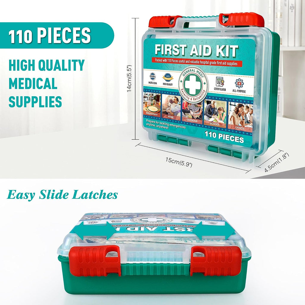 110 Pieces Small First Aid Kit - Hardcase First Aid Box - Contains Premium Medic