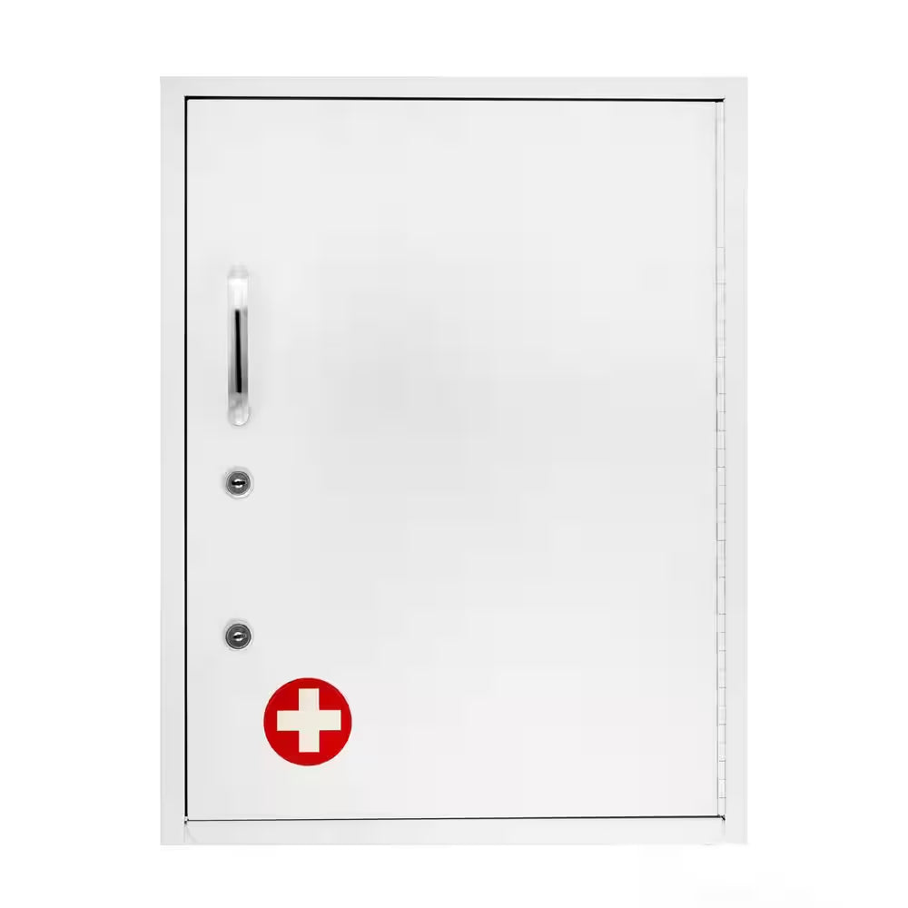 16 In. W X 21 In. H Dual Lock White Surface Mount Medicine Cabinet without Mirror with Pull-Out Shelf
