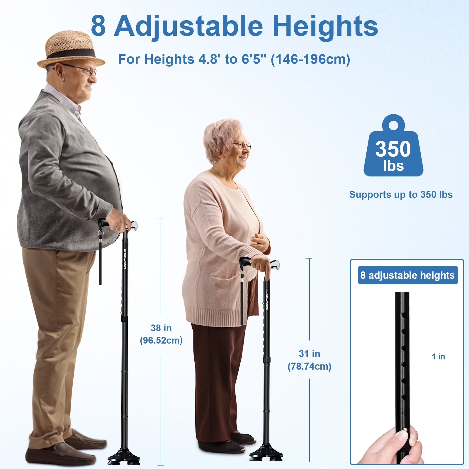 Walking Cane for Men Women Stability, Free Standing Foldable Cane, Ergonomic Handle Pivoting Quad Base, Heavy Duty 350 Lbs, Adjustable Walking Canes for Seniors Balance with Travel Bag