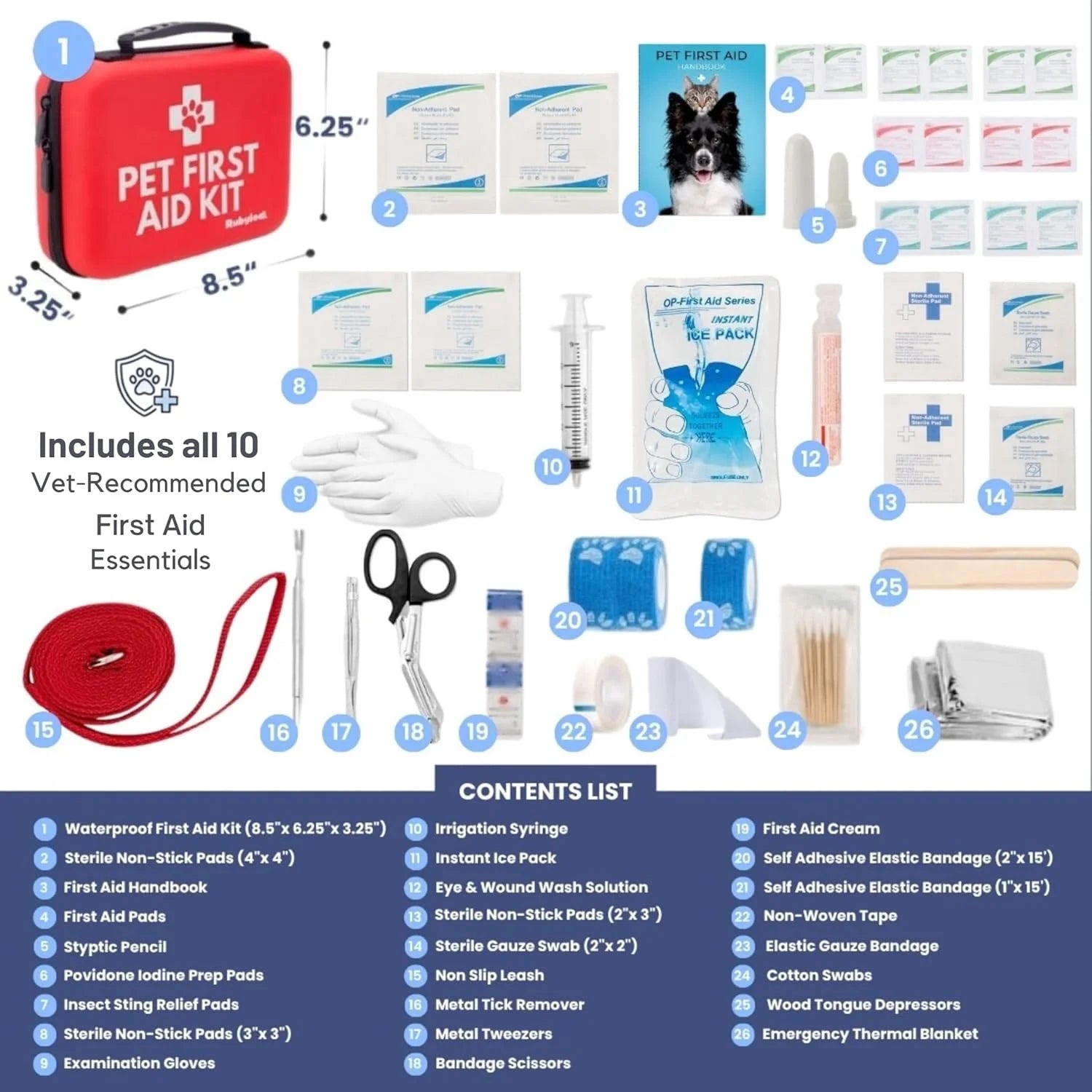 Cat and Dog First Aid Kit for Car and Travel - 53 Piece Pet Emergency Essential Kit with Vet-Approved Guide, Compact for Camping and Home