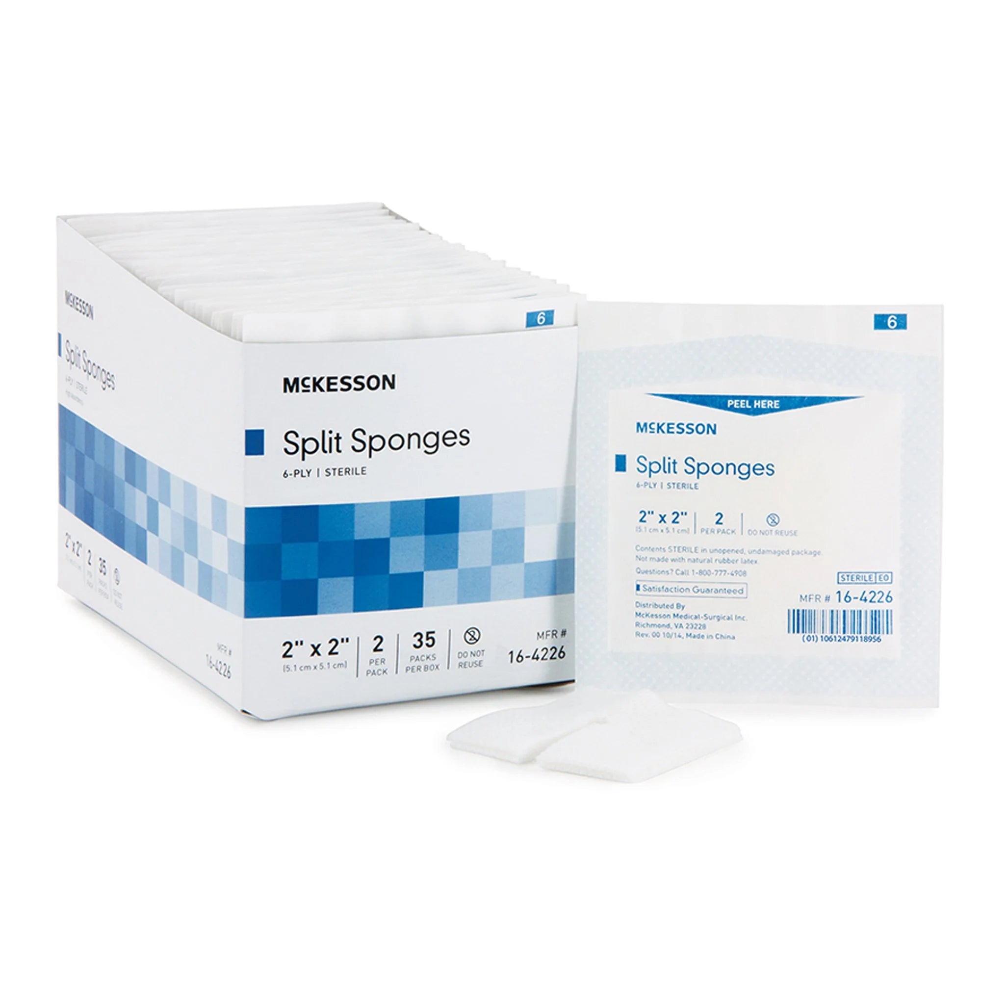 Split Sponges, Sterile, 100% Cotton, I.V. Drain Split Dressing, 6-Ply, 2 In. X 2 In., 2 per Pack, 700 Packs, 1400 Total