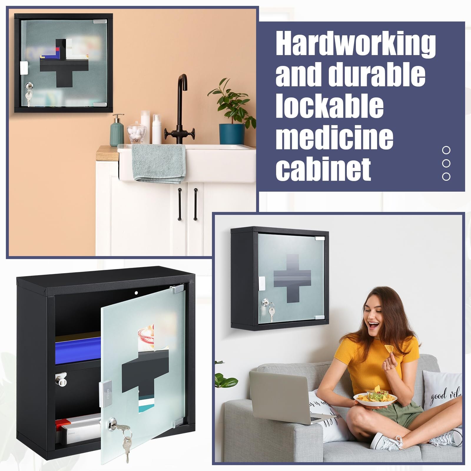 First Aid Wall Cabinet with Lock Medicine Mounted Bathroom Storage Hanging