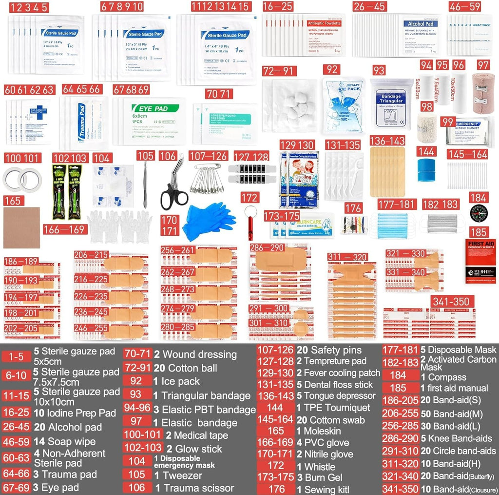 350 Piece First Aid Kit for Car & Home, Waterproof Emergency Survival Gear