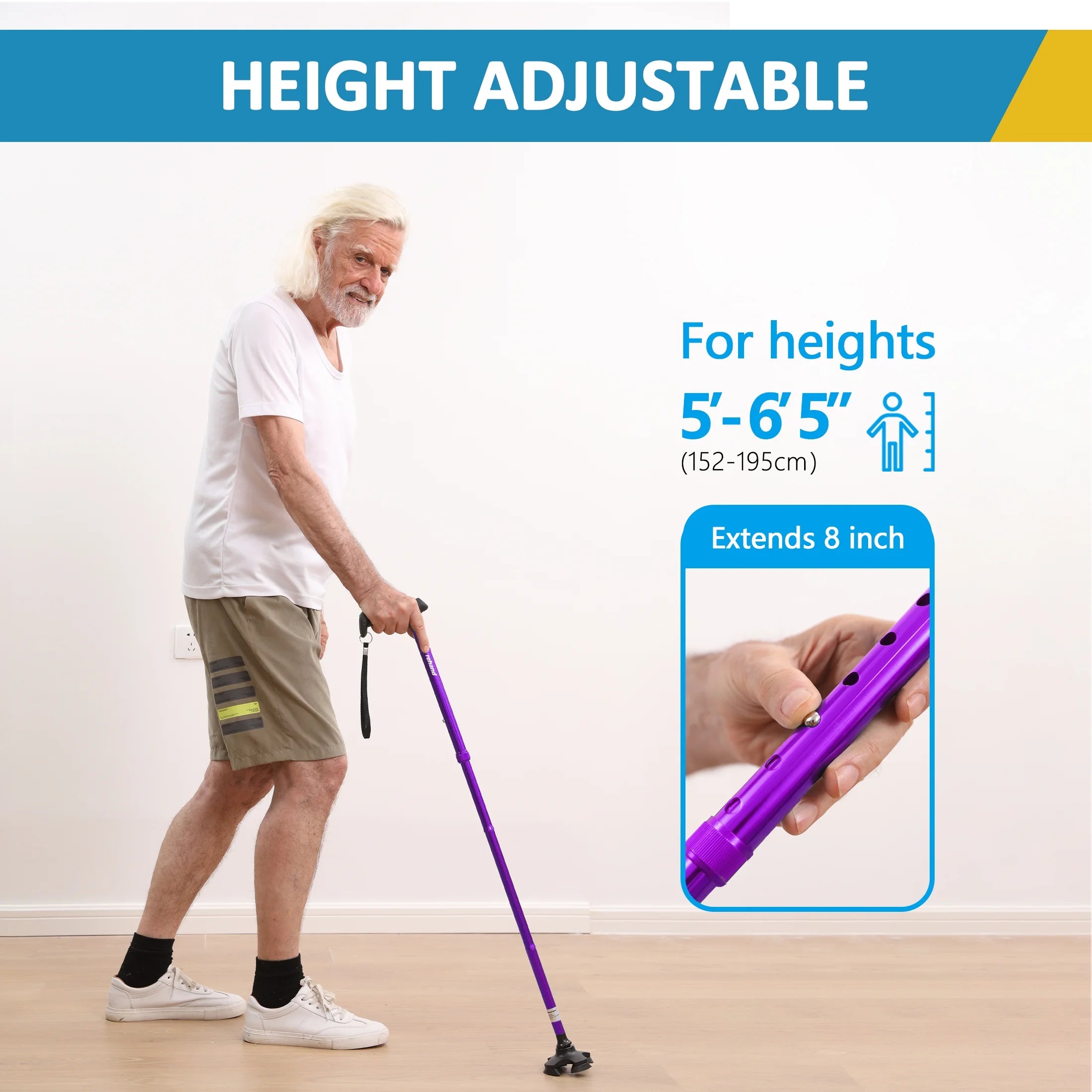 Folding Flex Cane Adjustable Rotating Quad Cane for Seniors and Adults with Bag, Purple