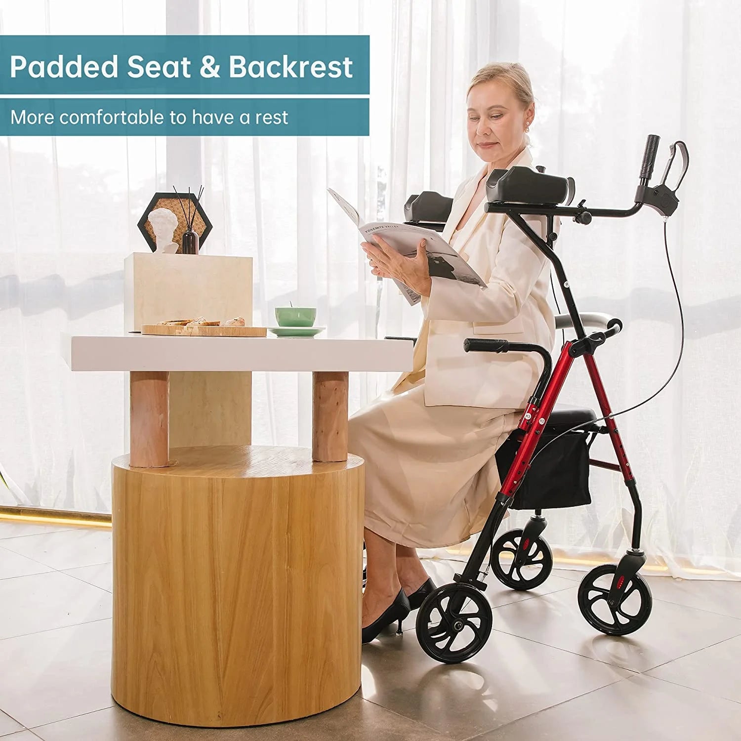 Stand up Folding Rollator Walker, Aluminum Upright Rollator Walker with Sitting Seat and Backrest for Seniors, Red