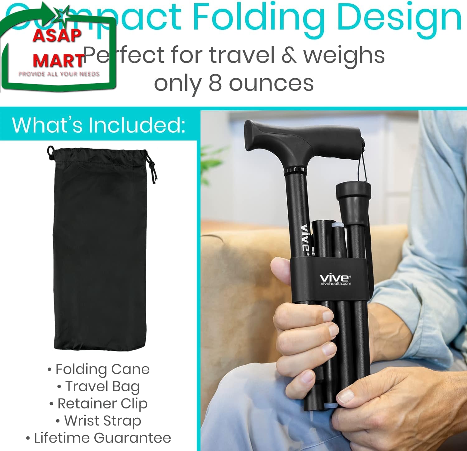 Vive Folding Cane - Foldable Walking Cane for Men, Women - Fold-Up, Collapsible.
