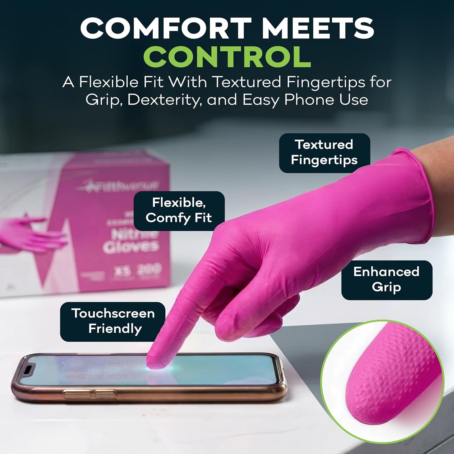Fuchsia Hot Pink Nitrile Disposable Gloves -3 Mil Medical Exam Nitrile Gloves -Powder and Latex Free