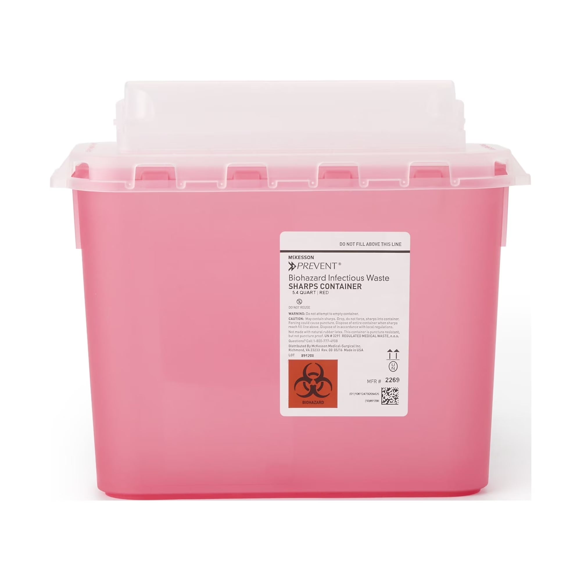 Biohazard Sharps Container, Puncture-Resistant Lockable Bin - Red, 5.4 Qt, 1 Ct