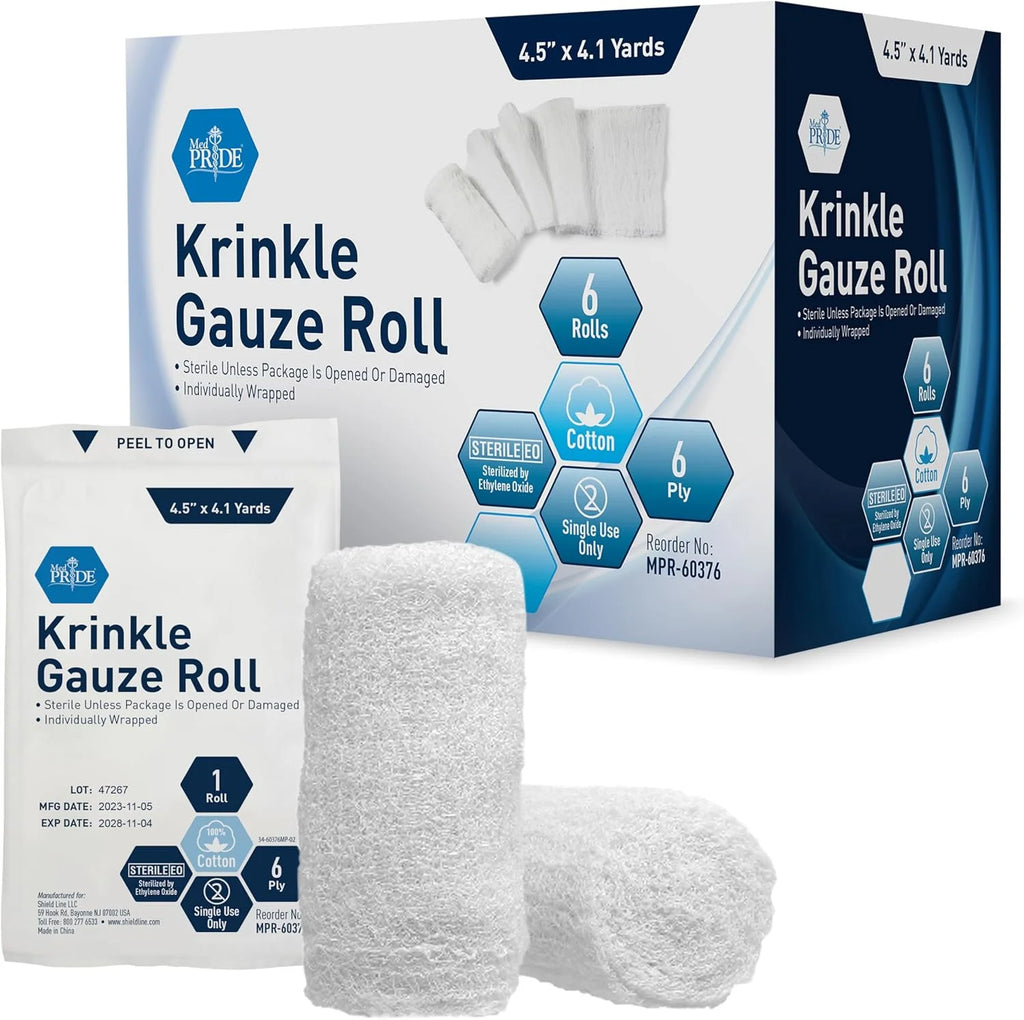 Med Pride Sterile Krinkle Gauze Rolls, 6-Ply, 4.5 in X 4.1 Yd, 6 Rolls – Cotton Medical Wound Dressing Bandage Wraps