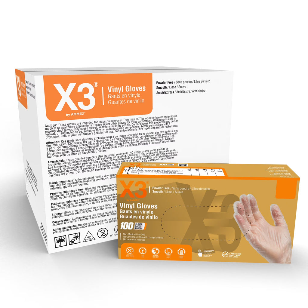 X3 Clear Vinyl Disposable Gloves, 3 Mil, Food-Safe, Non-Latex, Medium, 100/Box