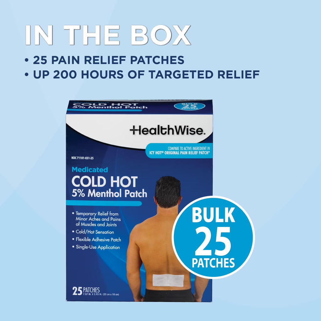 Cold Hot Medicated Menthol Patch | 5% Menthol | Back and Large Areas | 7.87” X 3.93” | 25-Count | Paraben-Free | Soothes Minor Aches and Pains