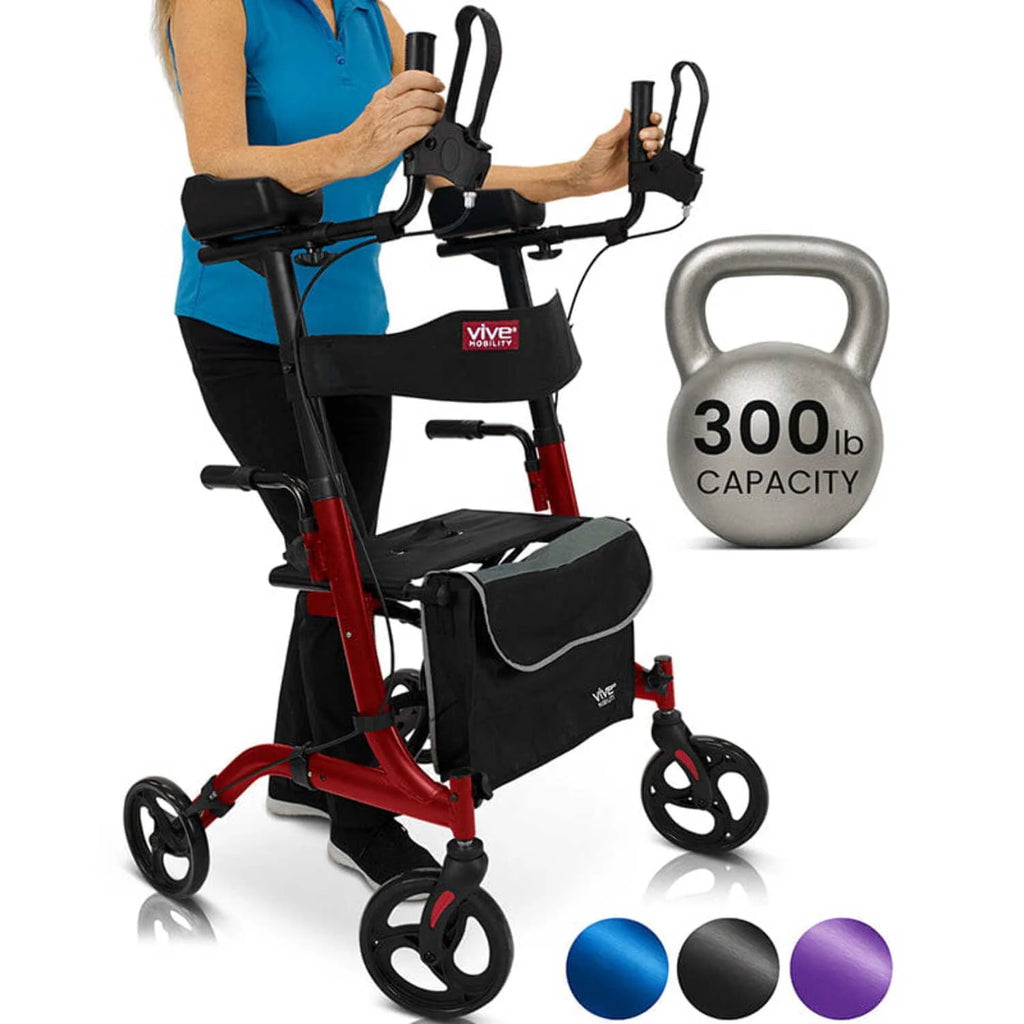 Vive Mobility Upright Walker with Seat for Seniors – Folding Stand up Rollator Walker, Heavy Duty Medical Mobility Aid with Arm Rests for Elderly Women and Men, Red