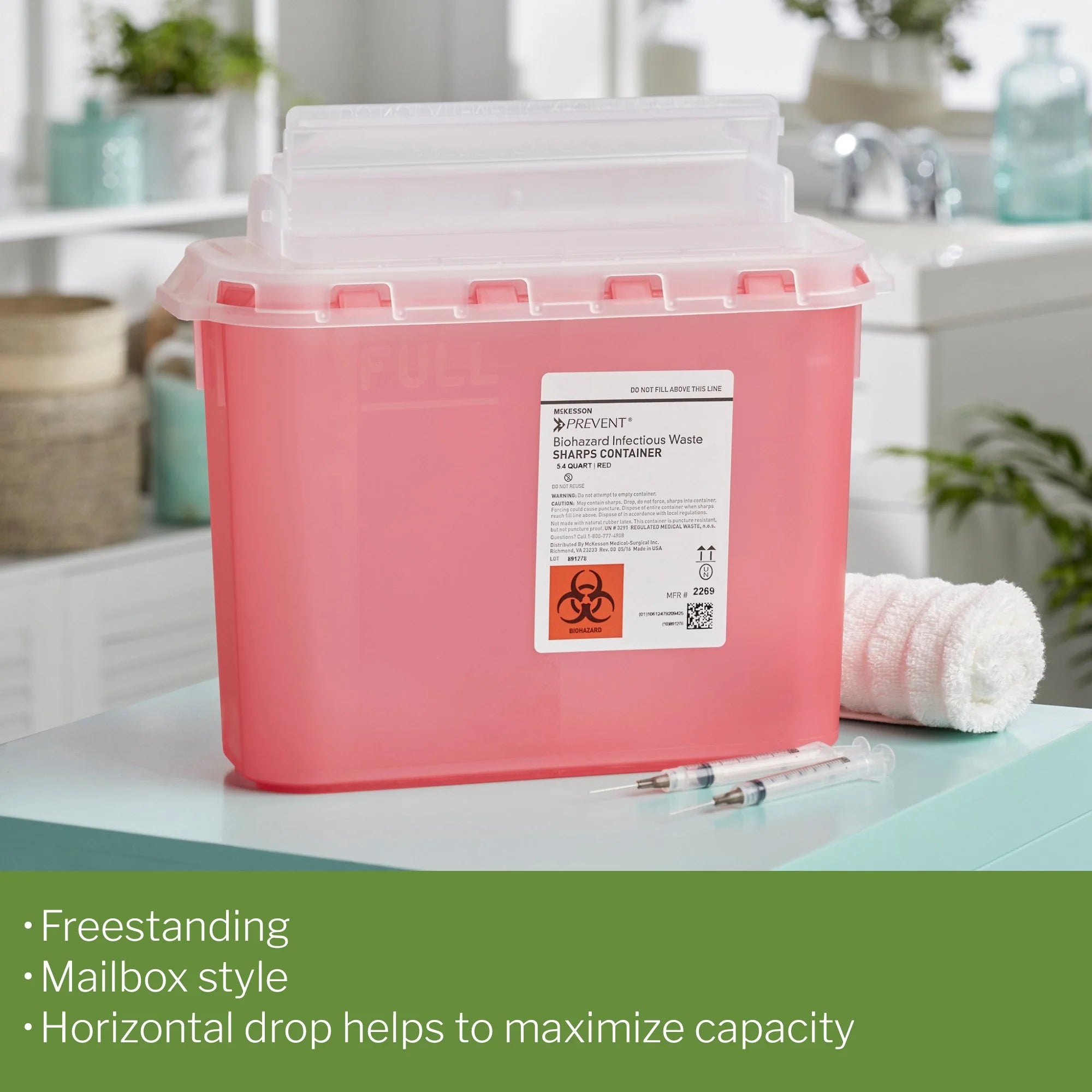 Biohazard Sharps Container, Puncture-Resistant Lockable Bin - Red, 5.4 Qt, 1 Ct