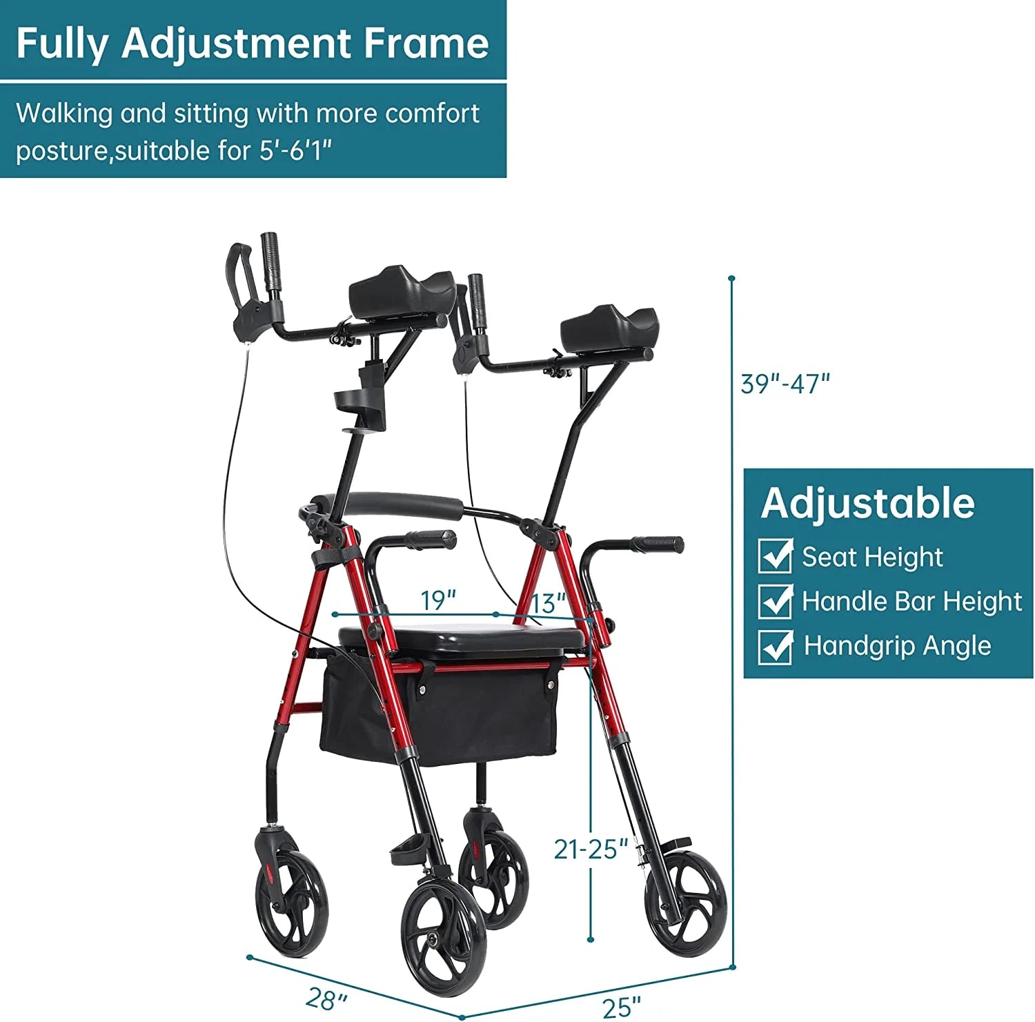 Stand up Folding Rollator Walker, Aluminum Upright Rollator Walker with Sitting Seat and Backrest for Seniors, Red