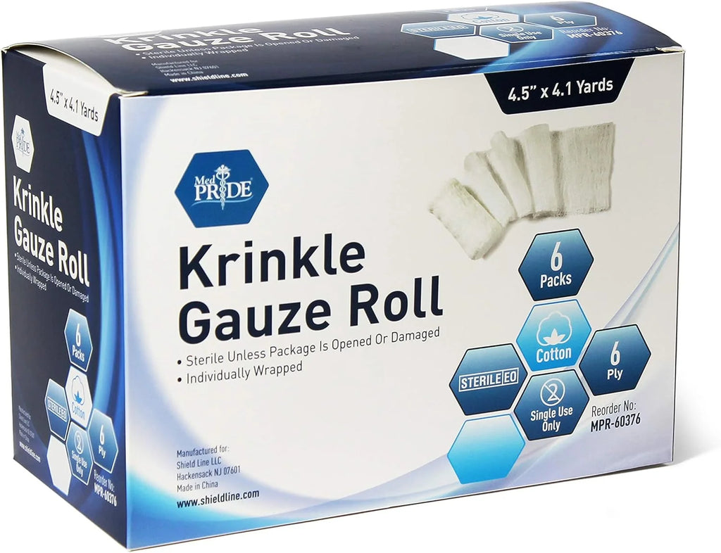 Med Pride Sterile Krinkle Gauze Rolls, 6-Ply, 4.5 in X 4.1 Yd, 6 Rolls – Cotton Medical Wound Dressing Bandage Wraps