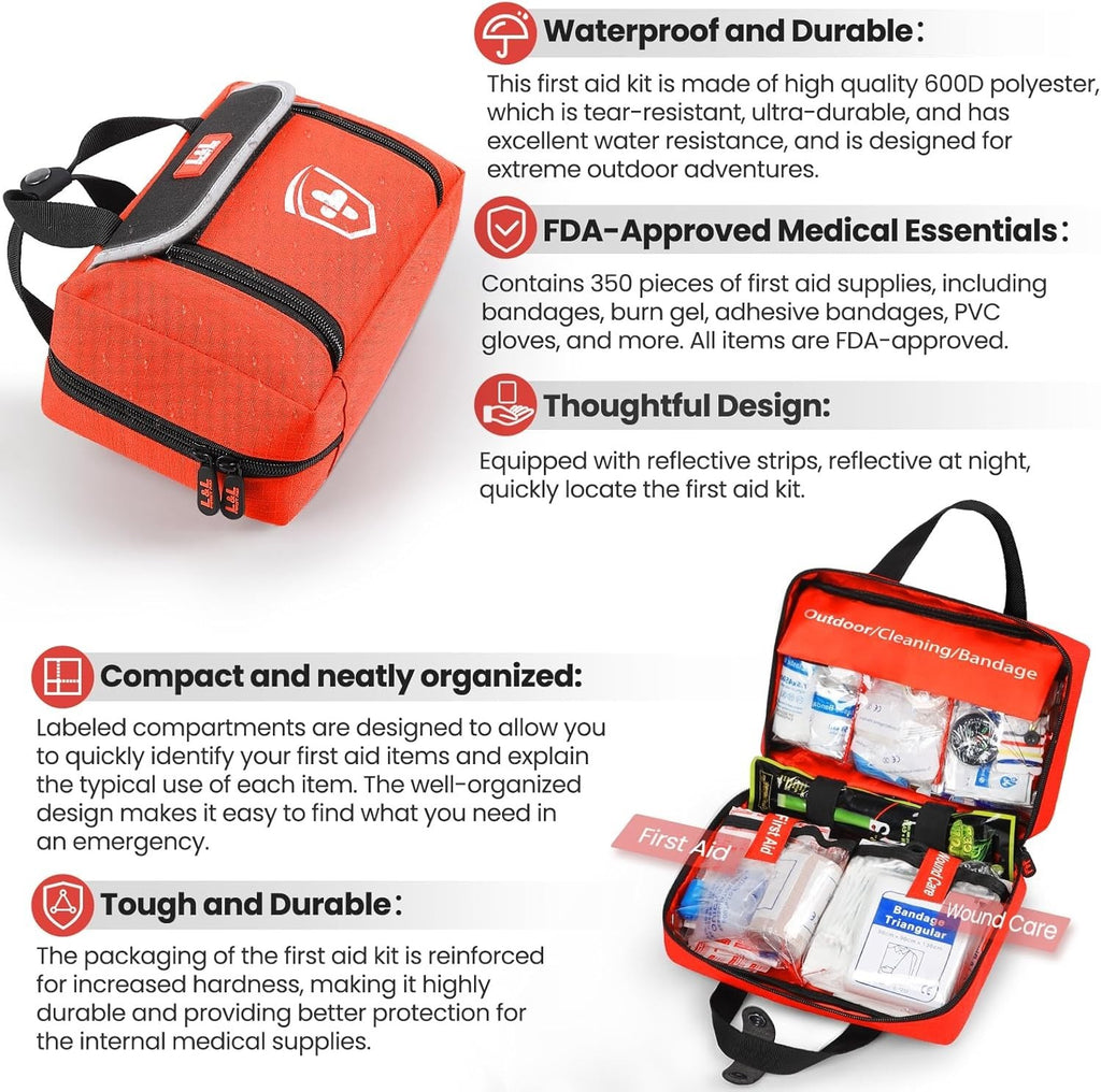 350 Piece First Aid Kit for Car & Home, Waterproof Emergency Survival Gear