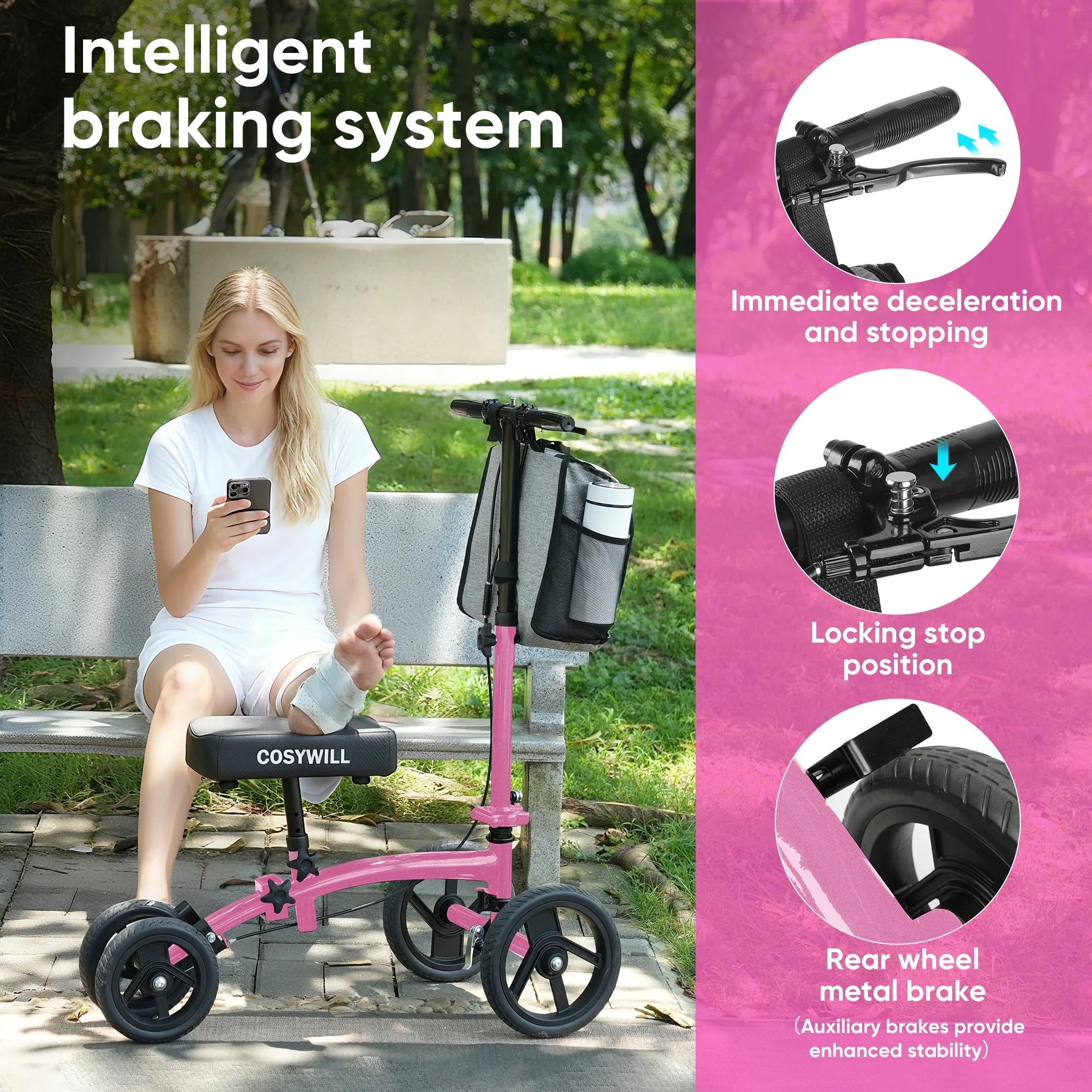 Steerable Knee Scooter,Economy Knee Walker,All Terrain Foldable Medical Scooter for Foot Injuries Crutches Alternative,Pink