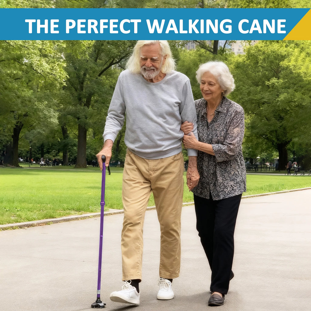 Folding Flex Cane Adjustable Rotating Quad Cane for Seniors and Adults with Bag, Purple