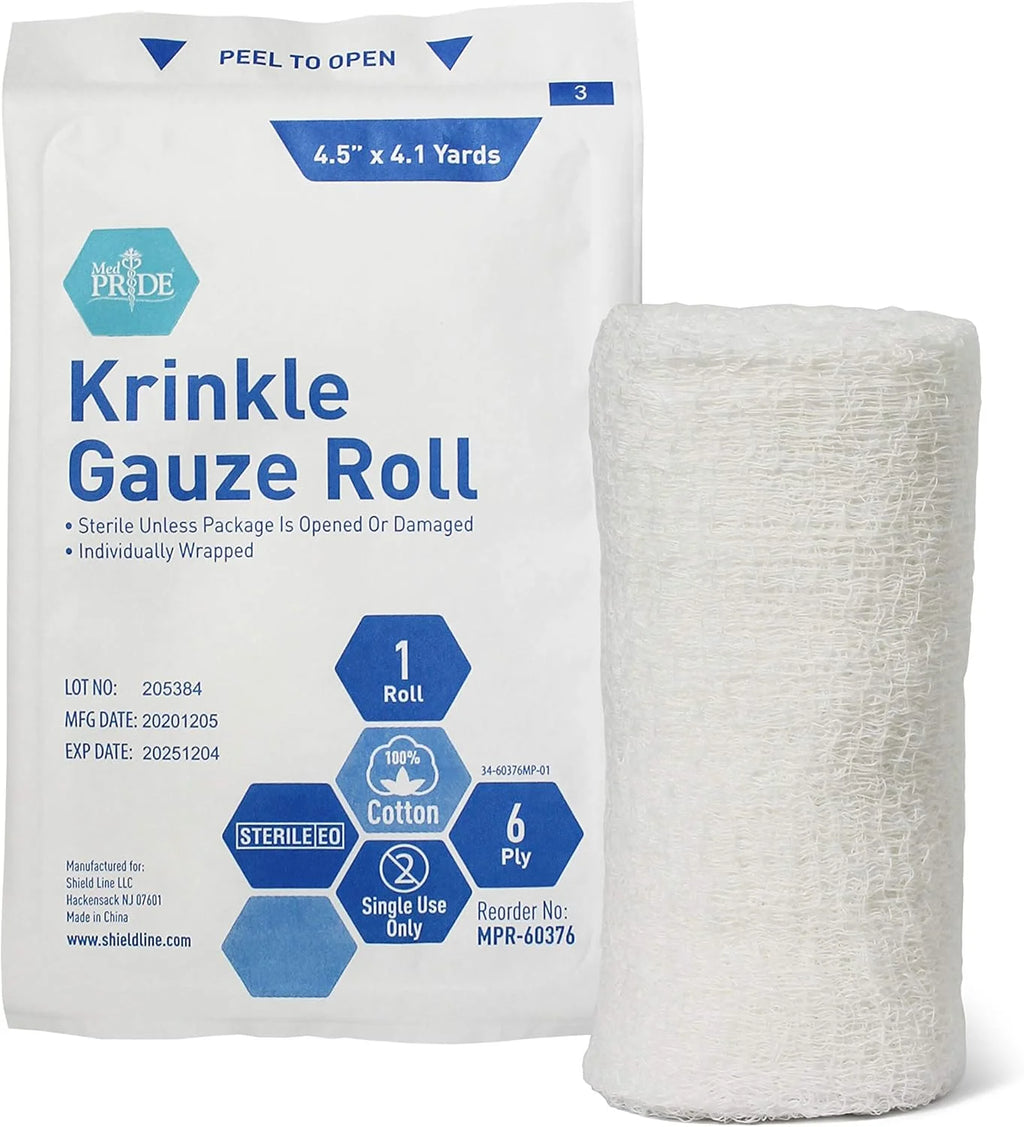 Med Pride Sterile Krinkle Gauze Rolls, 6-Ply, 4.5 in X 4.1 Yd, 6 Rolls – Cotton Medical Wound Dressing Bandage Wraps