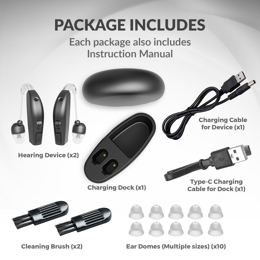 Rechargeable Pair Hearing Aid for Seniors, Personal Sound Amplifier - Black