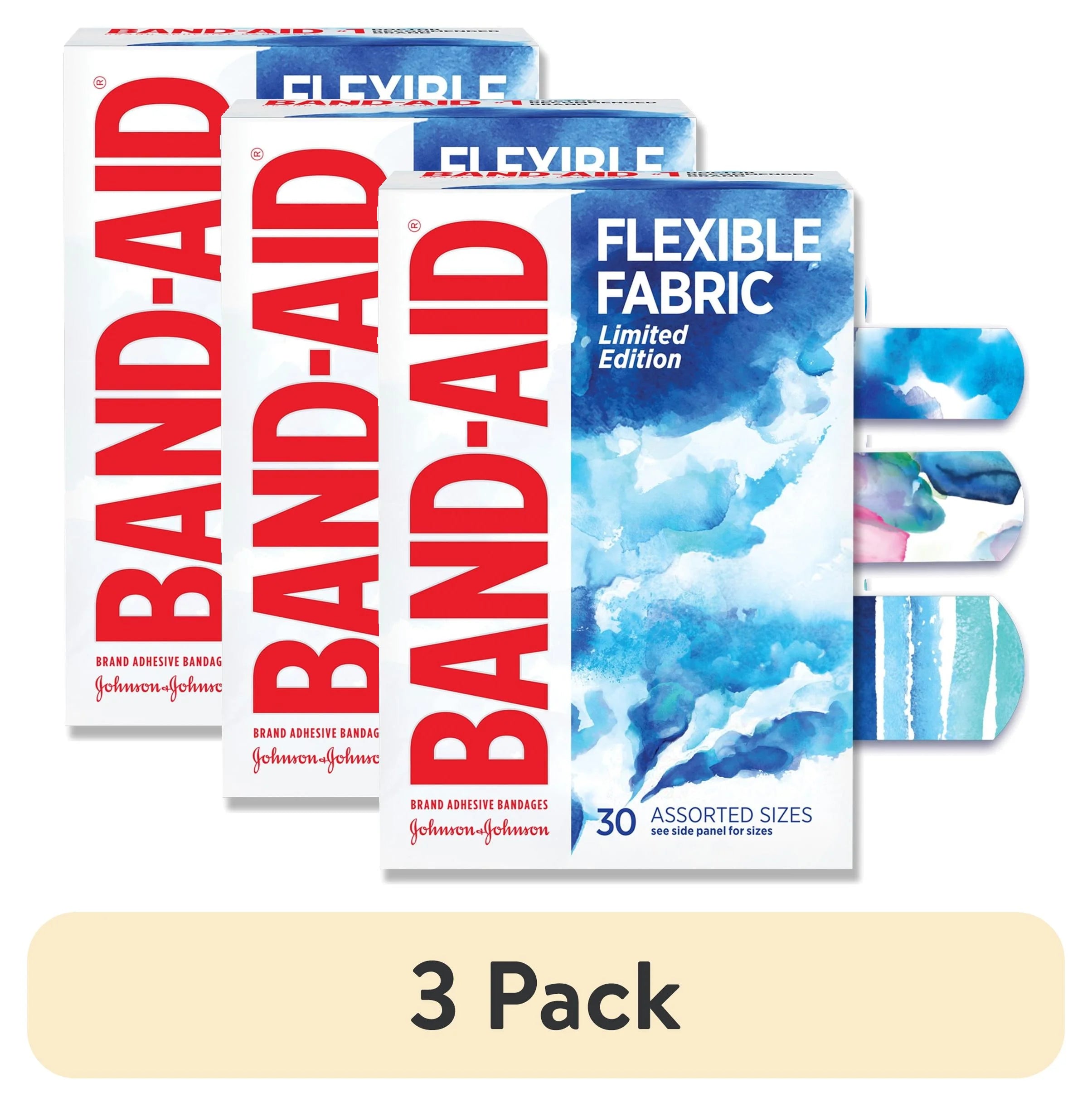 (3 Pack)  Brand Flexible Fabric Bandages, Water Color, Assorted, 30 Count
