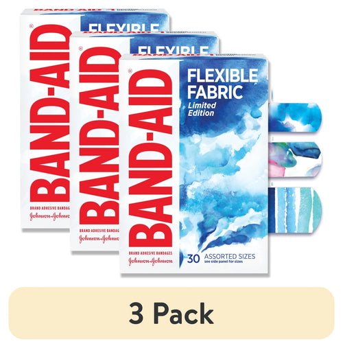 (3 Pack)  Brand Flexible Fabric Bandages, Water Color, Assorted, 30 Count
