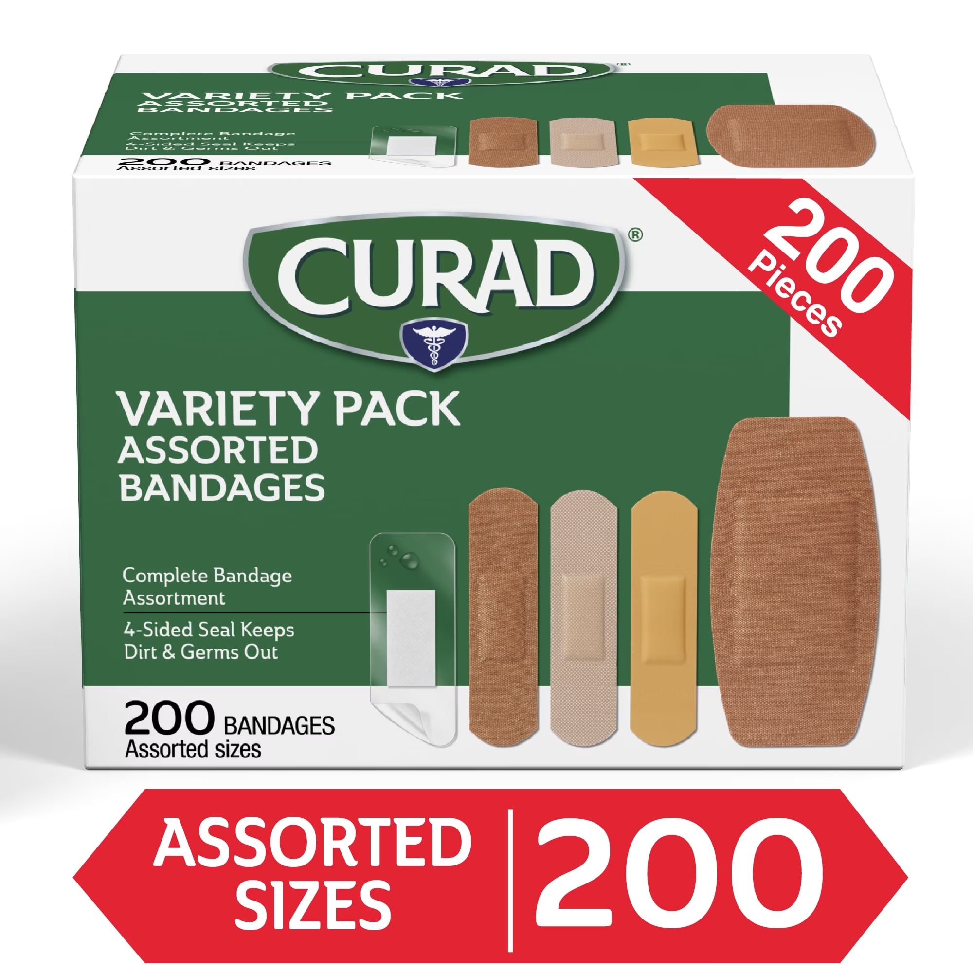 4‑Sided Seal Adhesive Bandages, Variety Pack, Assorted Fabric & Plastic, 200 Count