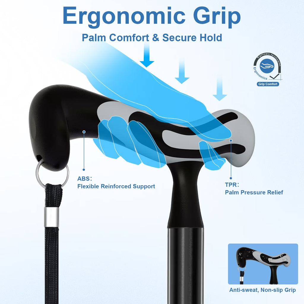 Walking Cane for Men Women Stability, Free Standing Foldable Cane, Ergonomic Handle Pivoting Quad Base, Heavy Duty 350 Lbs, Adjustable Walking Canes for Seniors Balance with Travel Bag