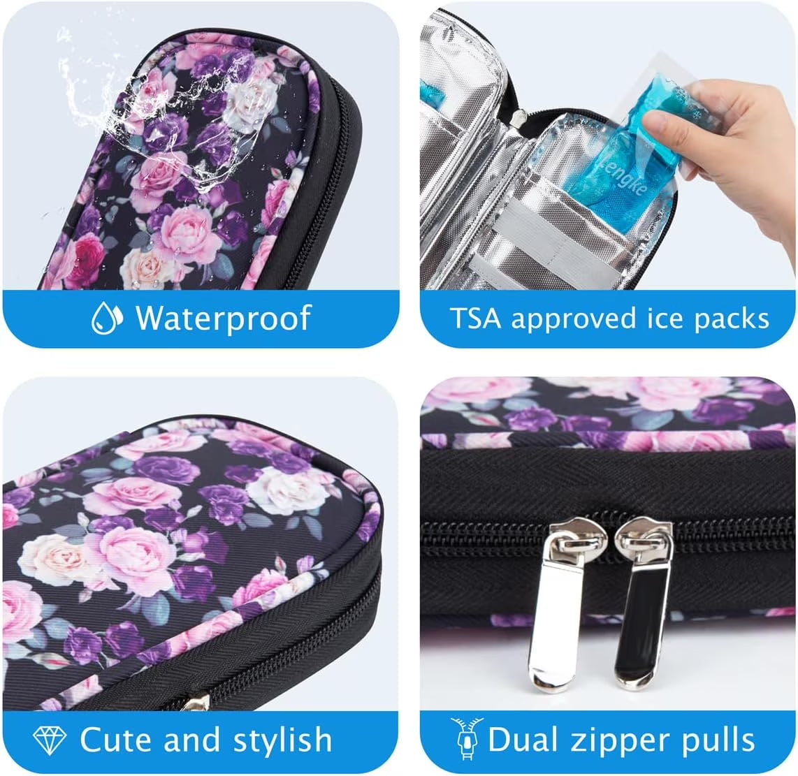 Insulin Cooler Travel Case with 2 TSA Approved Ice Packs - Insulin Pen Cooler Case, Suitable for Diabetic Insulin Bag, Medication for Peptide Case(Purple Pink Rose)