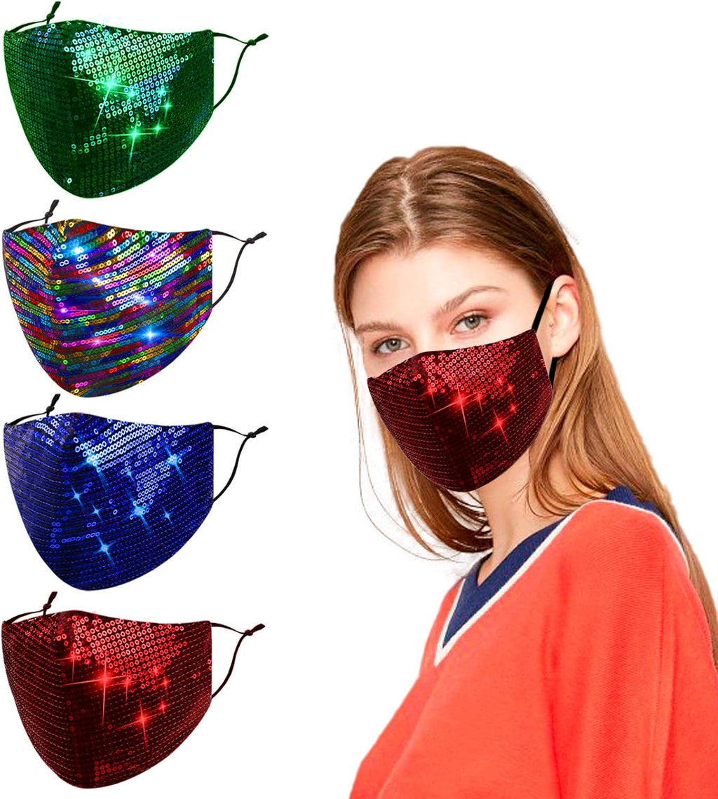 Reusable Sequin Face Mask Women Female Adult Glitter Sparkly Bling Washable Designer Fashion Cute Pretty Breathable Adjustable Sparkle Bedazzled Fancy Decorative Red Green Blue Rainbow, Gift for Women