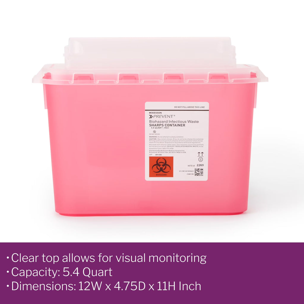 Biohazard Sharps Container, Puncture-Resistant Lockable Bin - Red, 5.4 Qt, 1 Ct