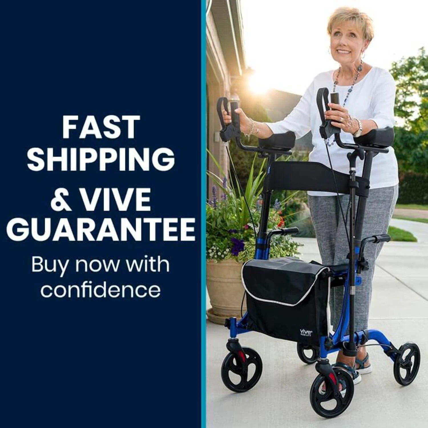 Vive Mobility Upright Walker with Seat for Seniors – Folding Stand up Rollator Walker, Heavy Duty Medical Mobility Aid with Arm Rests for Elderly Women and Men, Red