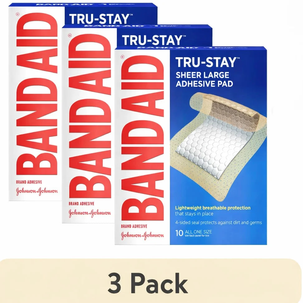 (3 Pack)  Brand Tru-Stay Adhesive Pads, Large Sterile Bandages, 10 Count