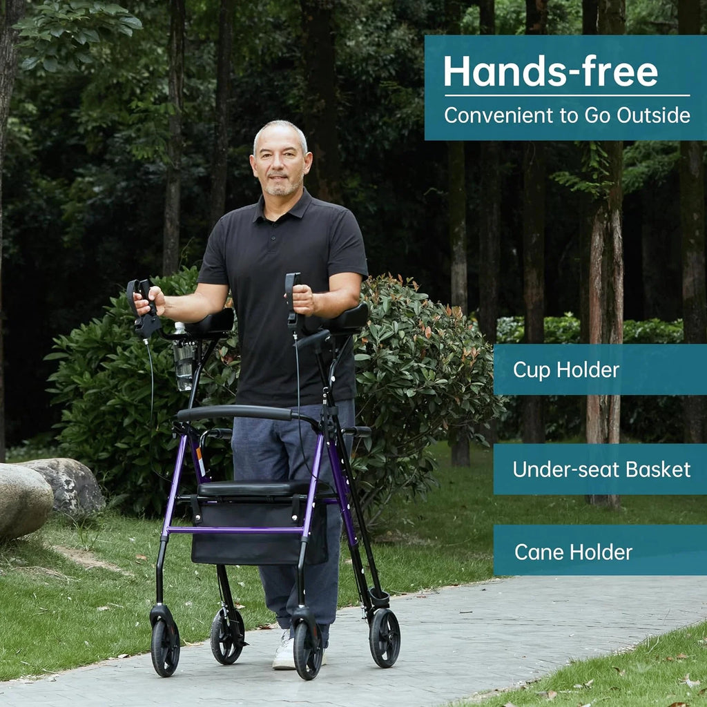 Stand up Folding Rollator Walker, Aluminum Upright Rollator Walker with Seat and Backrest for Seniors, Purple
