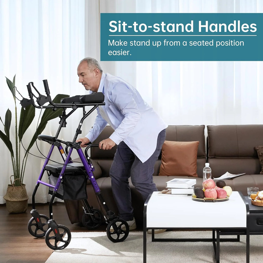 Stand up Folding Rollator Walker, Aluminum Upright Rollator Walker with Seat and Backrest for Seniors, Purple