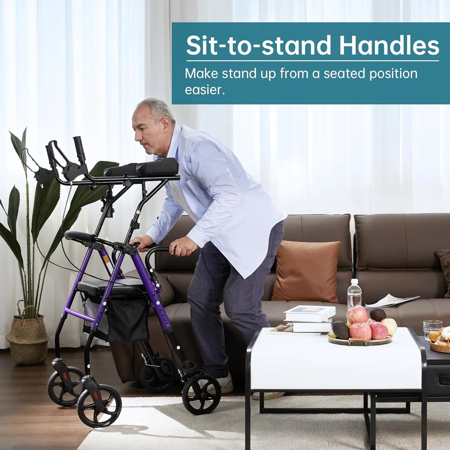 Stand up Folding Rollator Walker, Aluminum Upright Rollator Walker with Seat and Backrest for Seniors, Purple