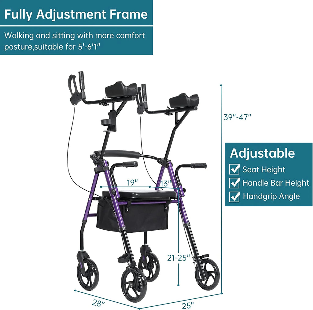 Stand up Folding Rollator Walker, Aluminum Upright Rollator Walker with Seat and Backrest for Seniors, Purple