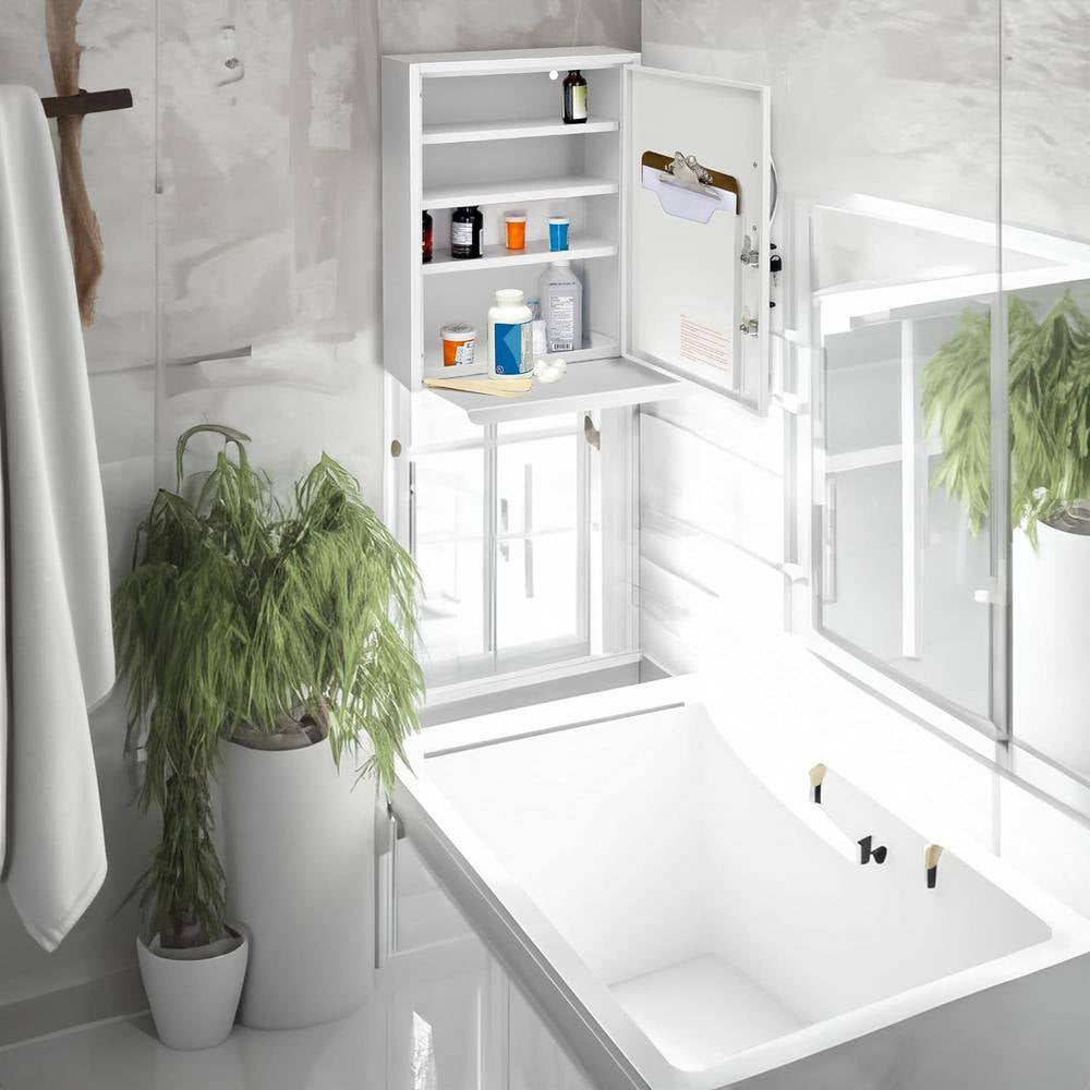 16 In. W X 21 In. H Dual Lock White Surface Mount Medicine Cabinet without Mirror with Pull-Out Shelf