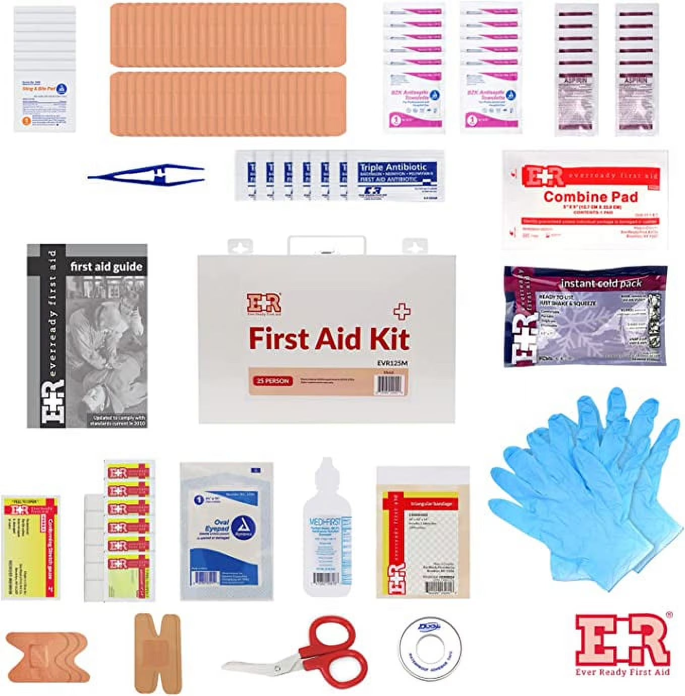 107 Piece 25 Person First Aid Kit with Plastic Case, OSHA Compliant
