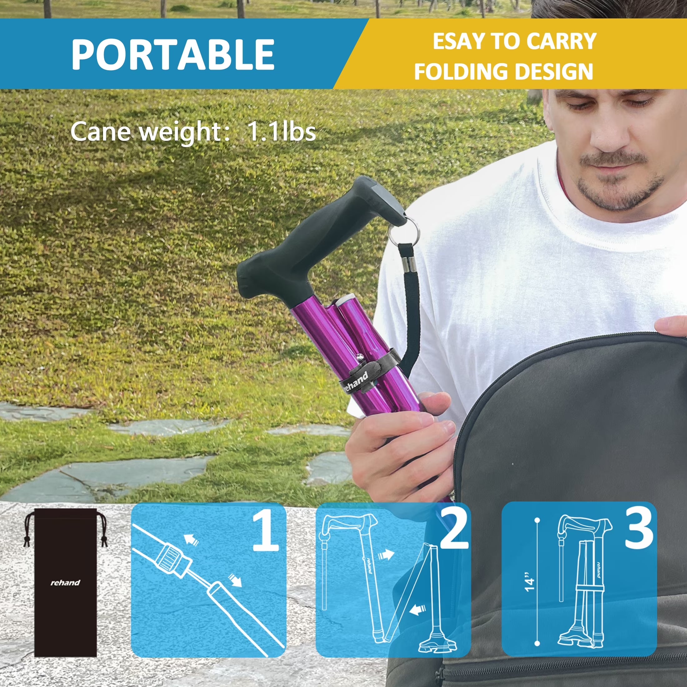 Folding Flex Cane Adjustable Rotating Quad Cane for Seniors and Adults with Bag, Purple