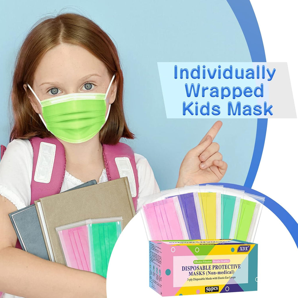 Face Masks for Kids, 50PCS Disposable Face Masks for Teens, Boys, and Grils, Breathable & Comfortable (5 Colors-50Pcs)