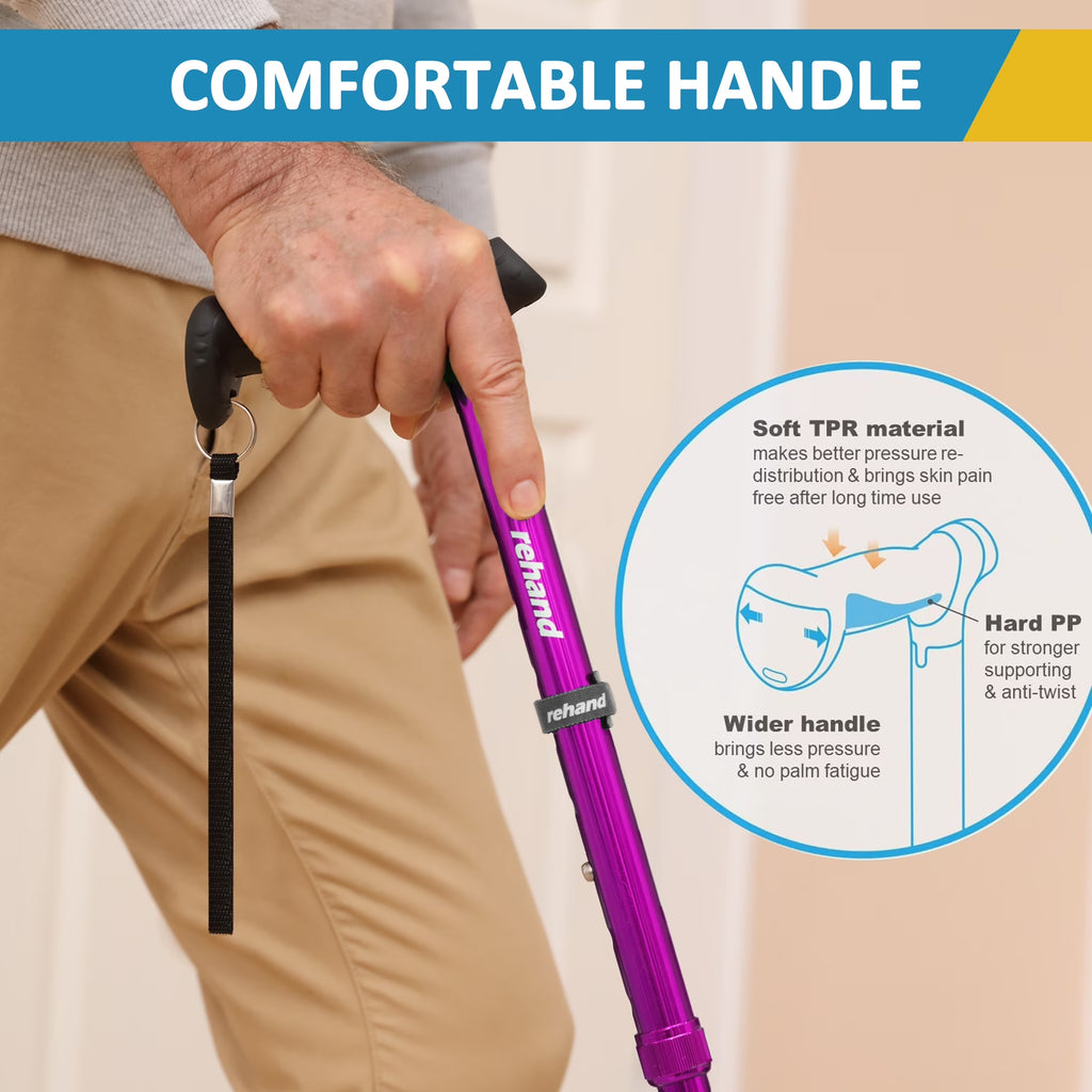 Folding Flex Cane Adjustable Rotating Quad Cane for Seniors and Adults with Bag, Purple