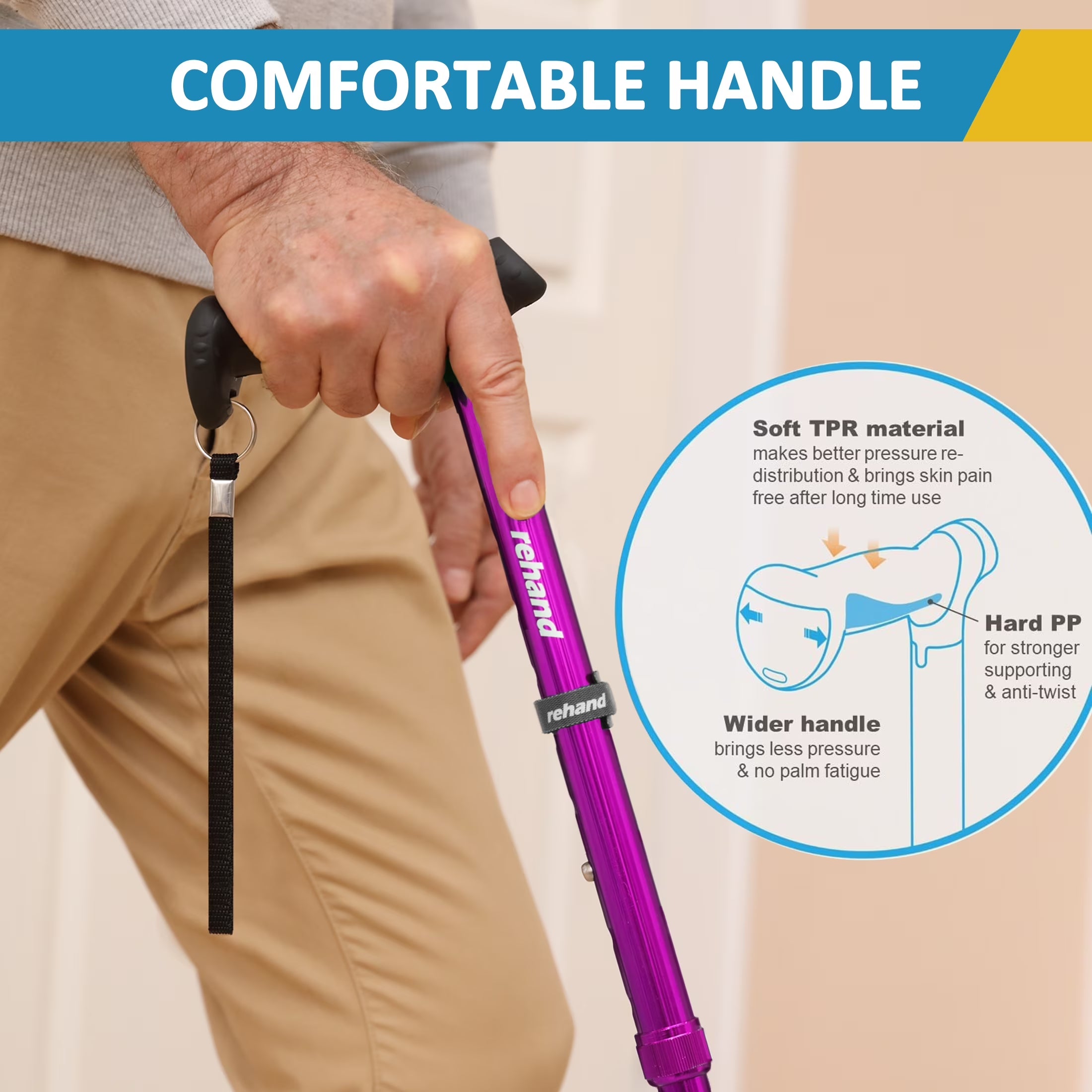 Folding Flex Cane Adjustable Rotating Quad Cane for Seniors and Adults with Bag, Purple