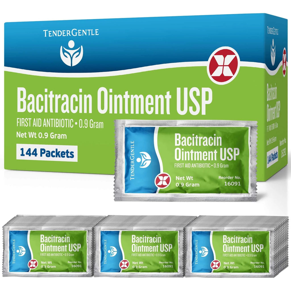 Tender Gentle Bacitracin Antibiotic Ointment Packets - 144 Ct. Bacitracin Zinc USP - Infection Prevnetion - Single Use - First Aid Kits