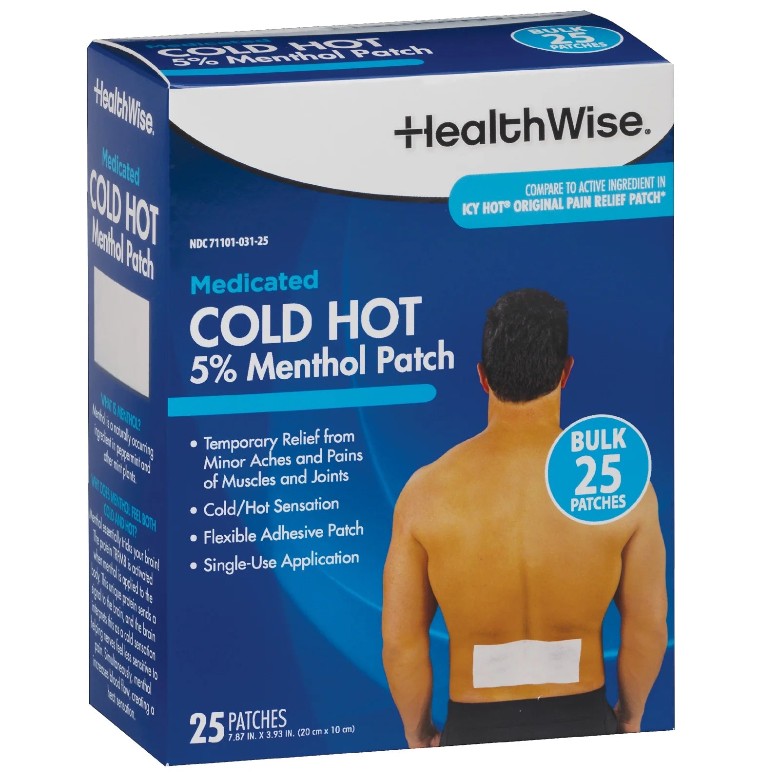 Cold Hot Medicated Menthol Patch | 5% Menthol | Back and Large Areas | 7.87” X 3.93” | 25-Count | Paraben-Free | Soothes Minor Aches and Pains