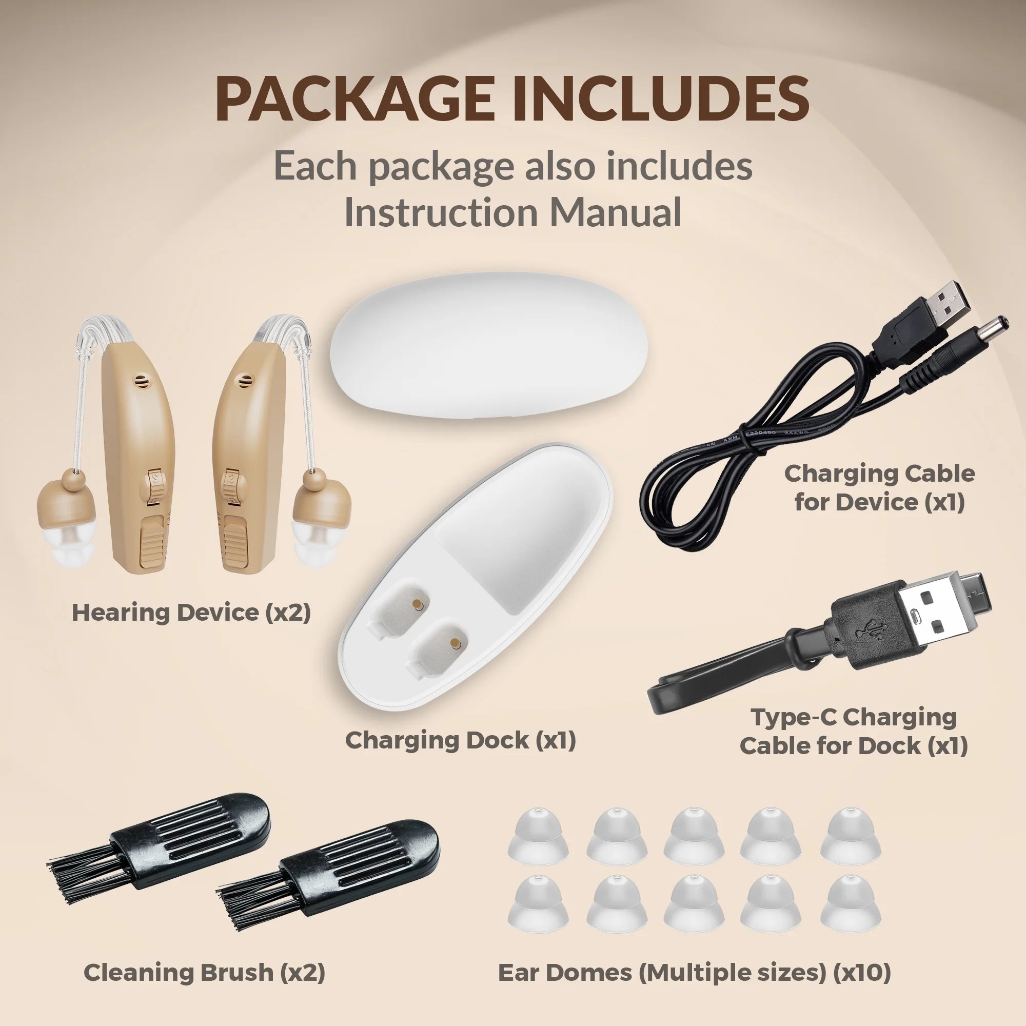 Rechargeable Pair Hearing Aid for Seniors, Personal Sound Amplifier - Beige