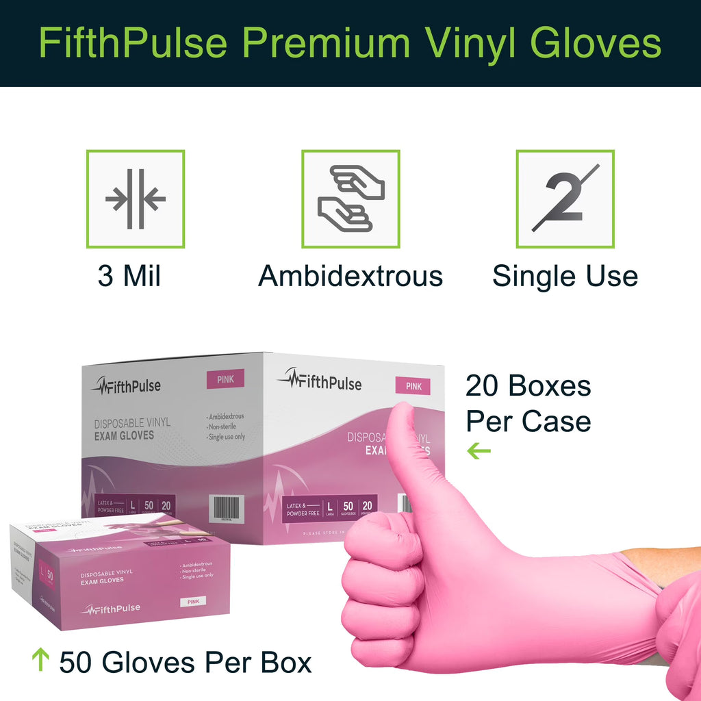 Disposable Vinyl Exam Gloves - Pink - Box of 50 - XL