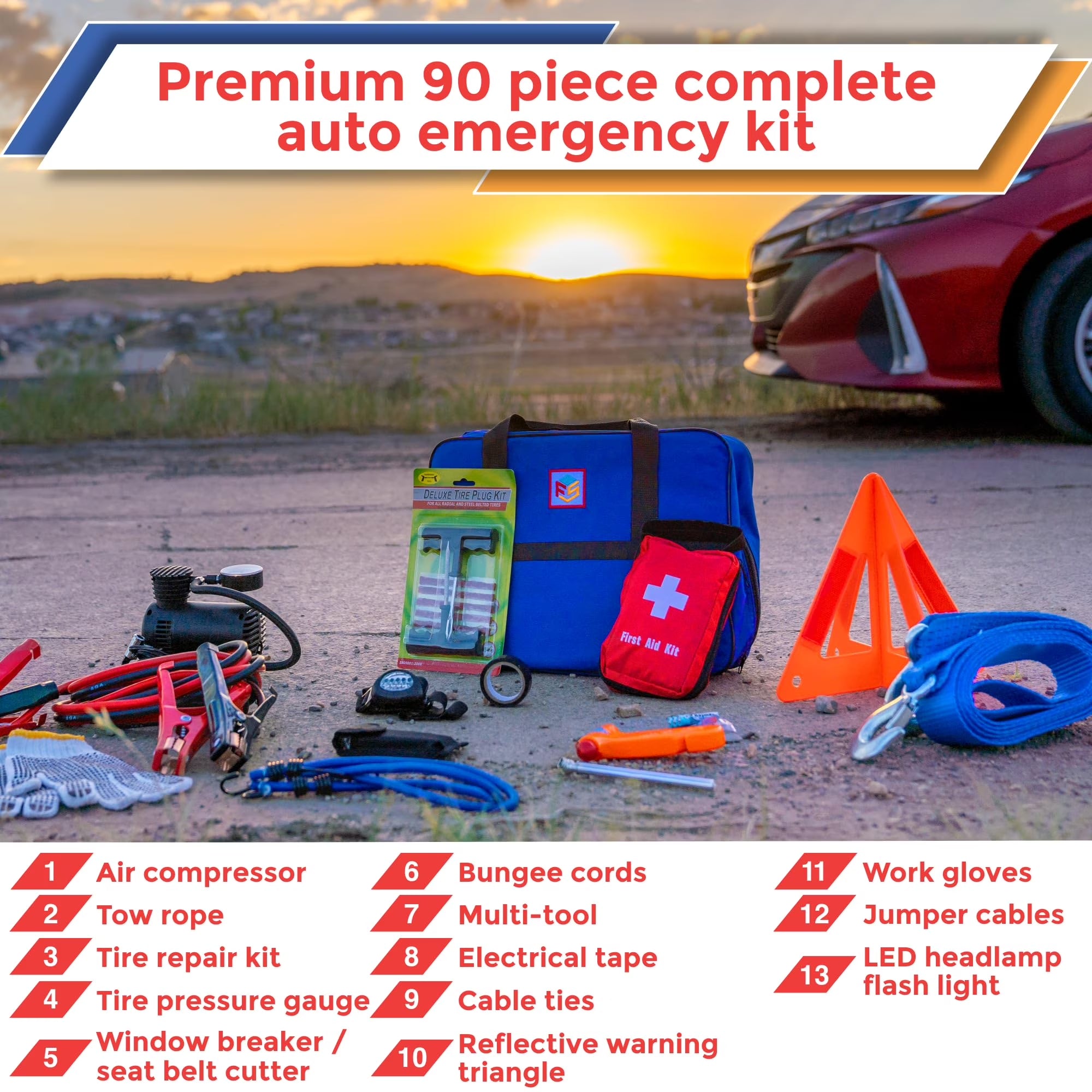 - Emergency Roadside & First Aid Kit - Essential Car Safety Tool Pack (90 Pieces)