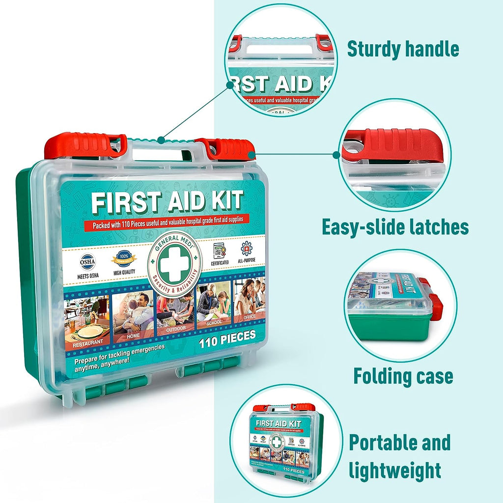 110 Pieces Small First Aid Kit - Hardcase First Aid Box - Contains Premium Medic