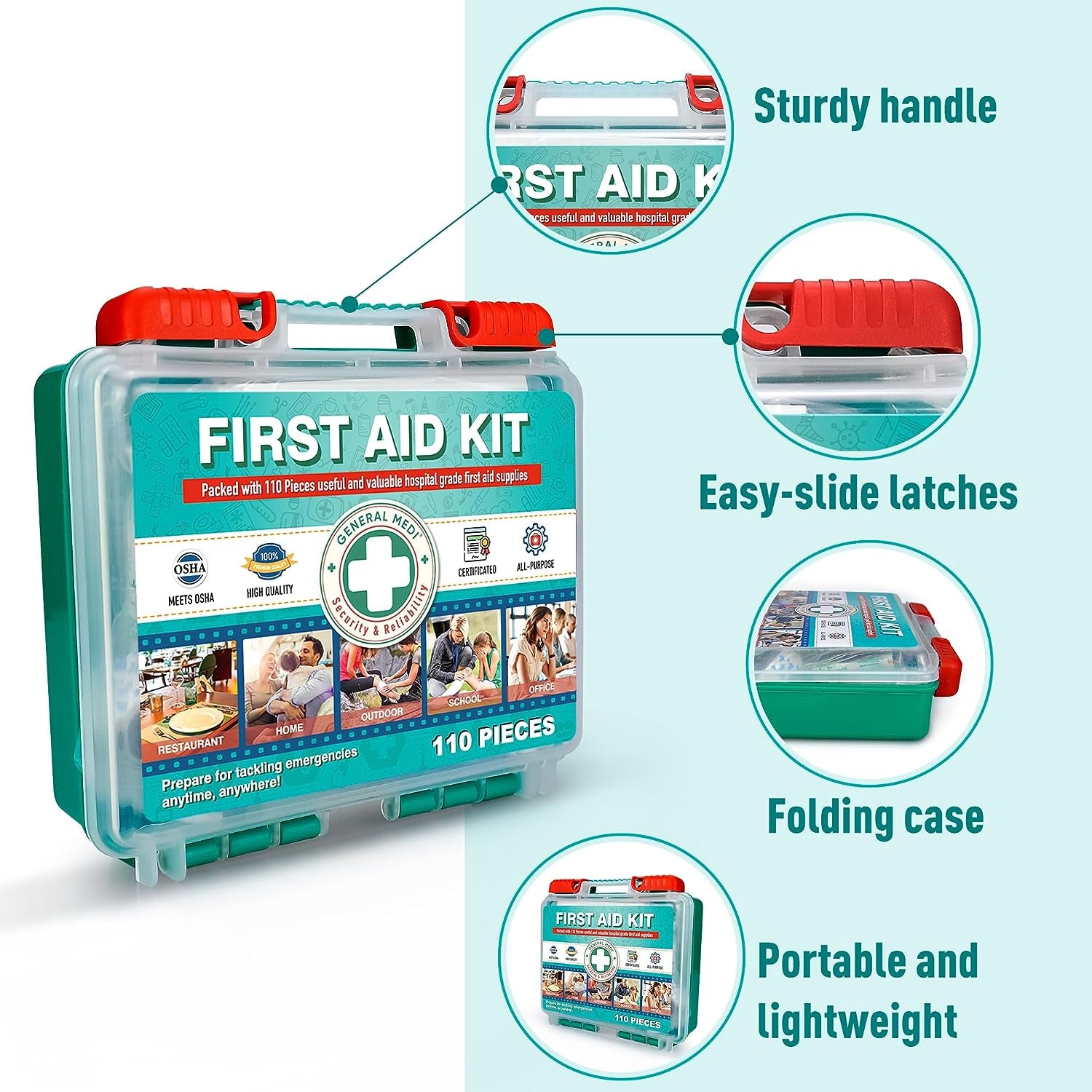 110 Pieces Small First Aid Kit - Hardcase First Aid Box - Contains Premium Medic